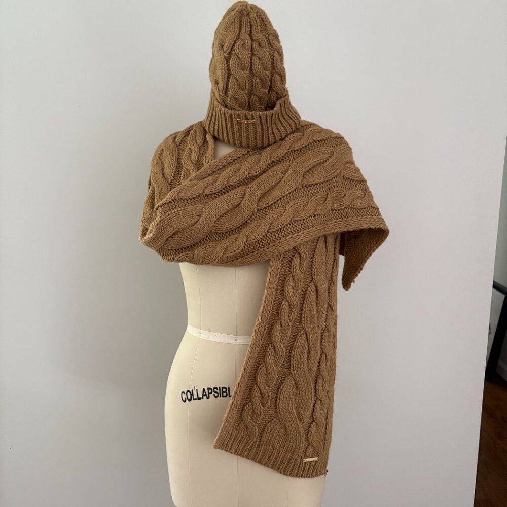 MICHAEL Michael Kors Women's Cable Knit Scarf and Beanie Set Camel Cozy